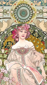 Alphonse Mucha's woman iPhone wallpaper, floral art nouveau illustration. Remixed by rawpixel.