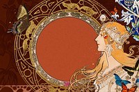 Alphonse Mucha's woman frame background, vintage art nouveau illustration. Remixed by rawpixel.