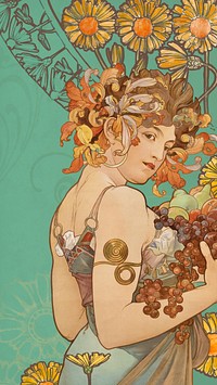 Alphonse Mucha's Fruits iPhone wallpaper, vintage art nouveau illustration. Remixed by rawpixel.