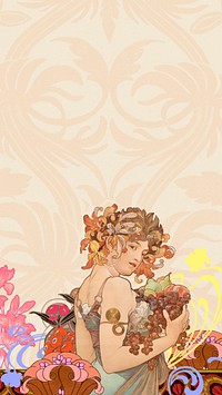 Alphonse Mucha's Fruits iPhone wallpaper, vintage art nouveau illustration. Remixed by rawpixel.