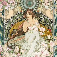 Alphonse Mucha's Music, floral woman art nouveau illustration. Remixed by rawpixel.