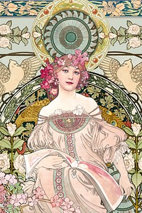 Alphonse Mucha's woman, floral art nouveau illustration. Remixed by rawpixel.