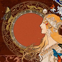 Red art nouveau frame background, Alphonse Mucha's woman illustration. Remixed by rawpixel.