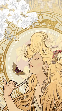 Alphonse Mucha's woman iPhone wallpaper, art nouveau vintage illustration. Remixed by rawpixel.