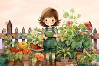 Little girl in garden, watercolor illustration remix