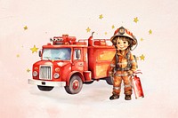 Little boy in firefighter uniform, watercolor illustration remix