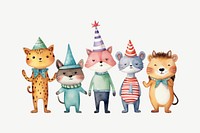 Cute birthday animal cartoon, watercolor collage element psd