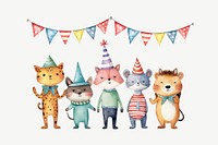 Birthday animal cartoon, watercolor collage element psd