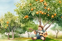 Little chubby boy playing guitar, watercolor illustration remix