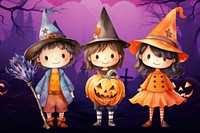 Kids in Halloween costume, watercolor illustration remix