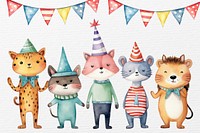 Cute animal birthday party cartoon, watercolor illustration remix