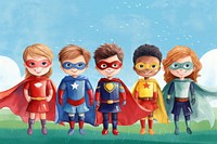 Colorful & diverse kid superheroes, watercolor illustration remix