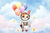 Floating cat astronaut, watercolor illustration remix