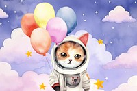 Floating cat astronaut, watercolor illustration remix