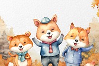 Cute fox students cartoon, watercolor illustration remix