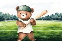 Cartoon bear baseball player watercolor animal character illustration