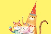 Cartoon birthday cat watercolor animal character illustration