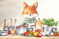 Cartoon fox chef watercolor animal character illustration