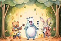 Cartoon singing performance watercolor animal character illustration