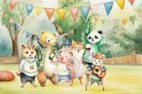 Cartoon partying watercolor animal character illustration