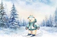 Cartoon bear skiing watercolor animal character illustration