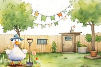 Cartoon duck gardener watercolor animal character illustration