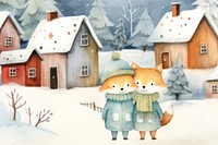 Cartoon winter travel watercolor animal character illustration