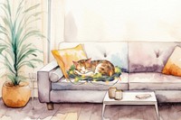 Cartoon sleeping cat watercolor animal character illustration