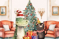 Cartoon Christmas celebration watercolor animal character illustration