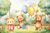 Cartoon birthday party watercolor animal character illustration