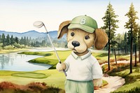 Cartoon dog golfer watercolor animal character illustration