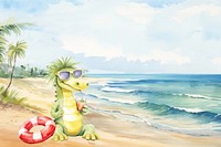 Cartoon beach vacation watercolor animal character illustration