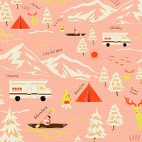 Pink Winter travel pattern, retro illustration