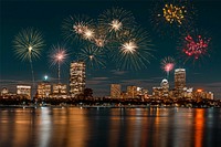 New Year cityscape photo with fireworks effect