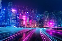 Night cityscape photo with neon lights effect