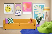 Colorful living room sofa with bean bag, home interior