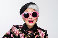 Funny asian senior woman in fashion women sunglasses portrait.