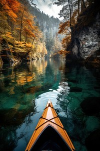 Kayak boat sailing on a river. 