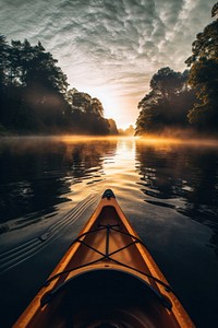 Kayak boat sailing on a river. 