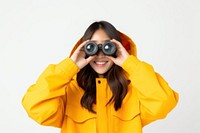 Woman looking with binoculars photo. .