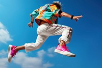 Jumping man, colorful fashion photo. 