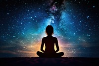Silhouette small woman shape yoga outdoors galaxy. AI generated Image by rawpixel.