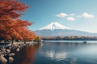 Fuji mountain autumn lake landscape. 