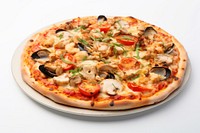 Seafood pizza meal white background.