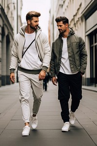 2 men outdoors fashion walking. 