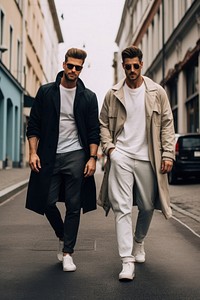 2 men outdoors overcoat fashion. 