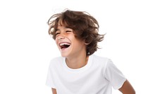 Boy laughing white white background excitement. 