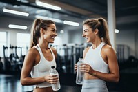 Sportive women drinking laughing sports. 