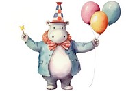 Hippo holding balloon standing party hat. 