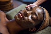 Young woman relaxation applying headshot. 